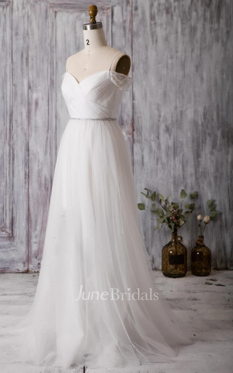 Spaghetti Strap Long A-Line Tulle Wedding Dress With Crisscross Ruching