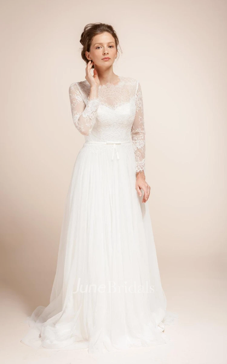 Glamorous Illusion Long Sleeve High Neck Pleated Long Tulle Dress With Sheer Back
