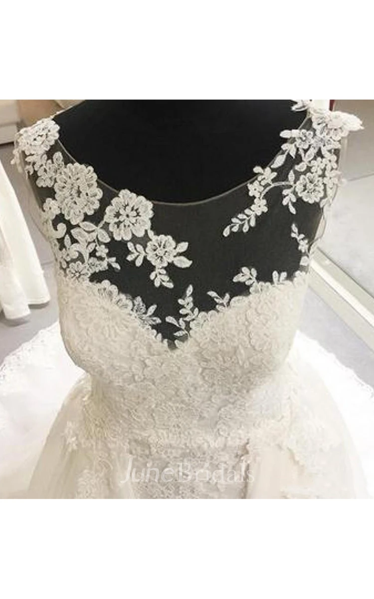 Backless Lace Brush Train Appliques Scoop-Neck Romantic Wedding Dress With Pleats