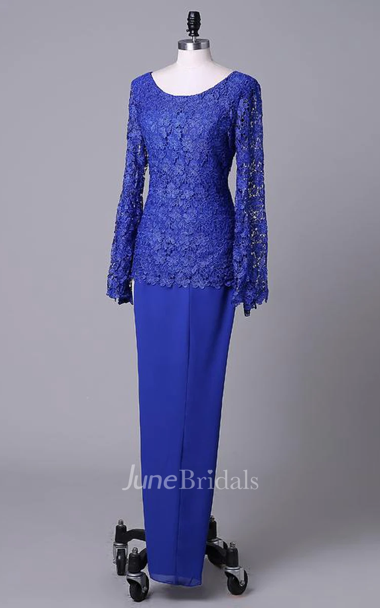 Scoop Neck Long Sleeve Lace And Chiffon Dress