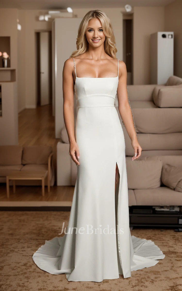 Modern Simple Mermaid Square Neckline Beach Wedding Dress Sexy Flowy Spaghetti Strap Side Split Backless Sleeveless Basque Cut Bodice Bridal Gown