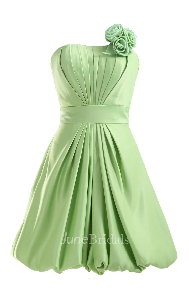 Strapless Appliqued Ruched Bodice Short Pleated Satin Dress