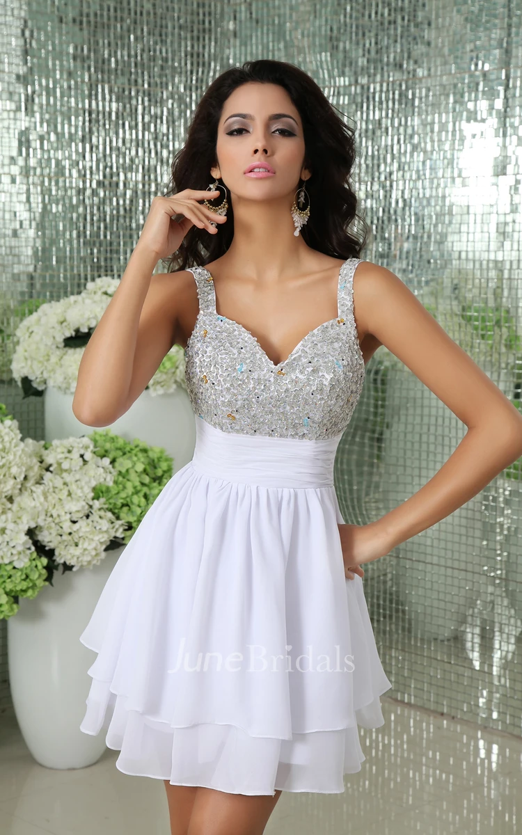 Soft Flowing Fabric Short V-Neck Dress With Draping And Crystal Detailing