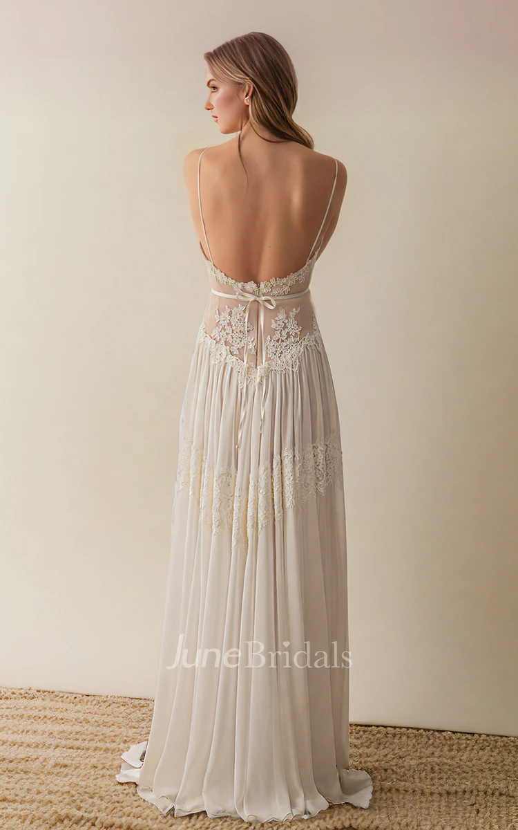 Bohemian Sexy A-Line Spaghetti V-neck Chiffon Lace Wedding Dress Elegant Floor-length Sleeveless Backless Bridal Gown with Sash