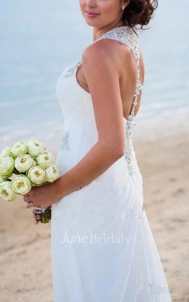 Vintage Beach V Neck Beaded Backless Front Split Sheath Bridal Gown
