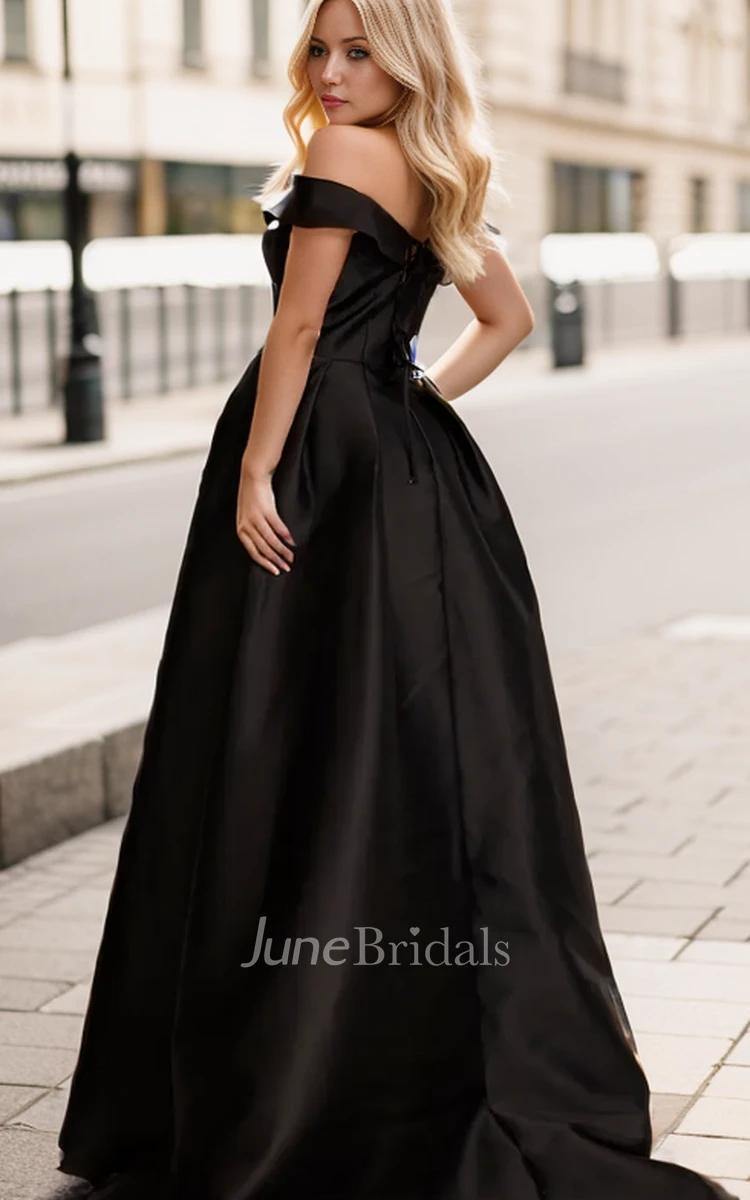 Simple Modest Black A-Line Off-the-Shoulder Long Wedding Dress Casual Gorgeous Satin Evening Party Gown with Slit