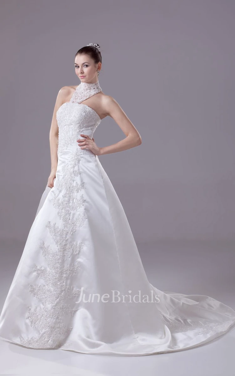 Sleeveless High-Neck Satin A-Line Gown With Beading and Appliques