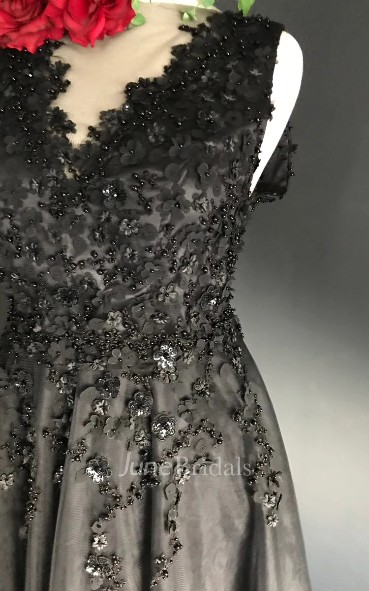 Sheath V-neck Floor-length Sleeveless Deep-V Back With Appliques Lace Sequins Black Wedding Dress