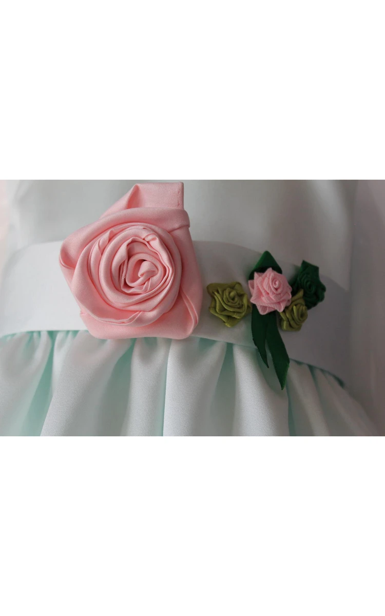 Sleeveless Jewel Neck Pleated Ankle-length Satin Dress With Handmade Flower Belt