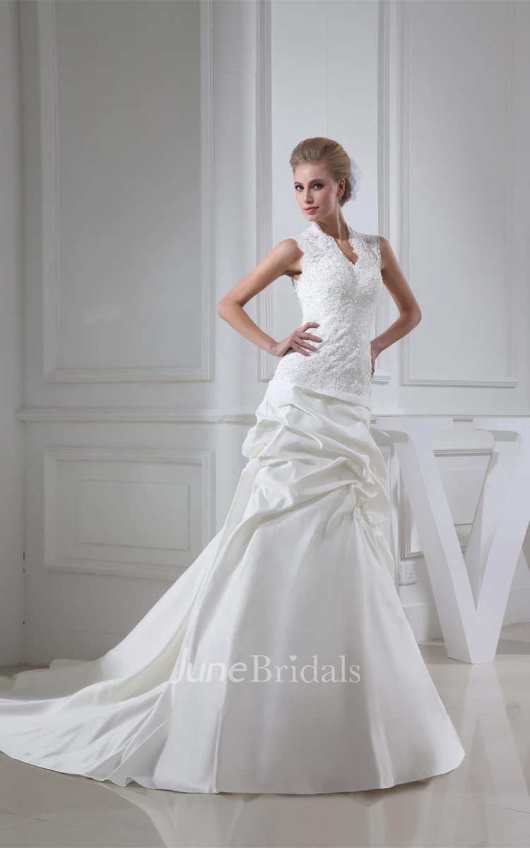 Sleeveless Pick-Up A-Line Ball Gown with Stress and Appliques