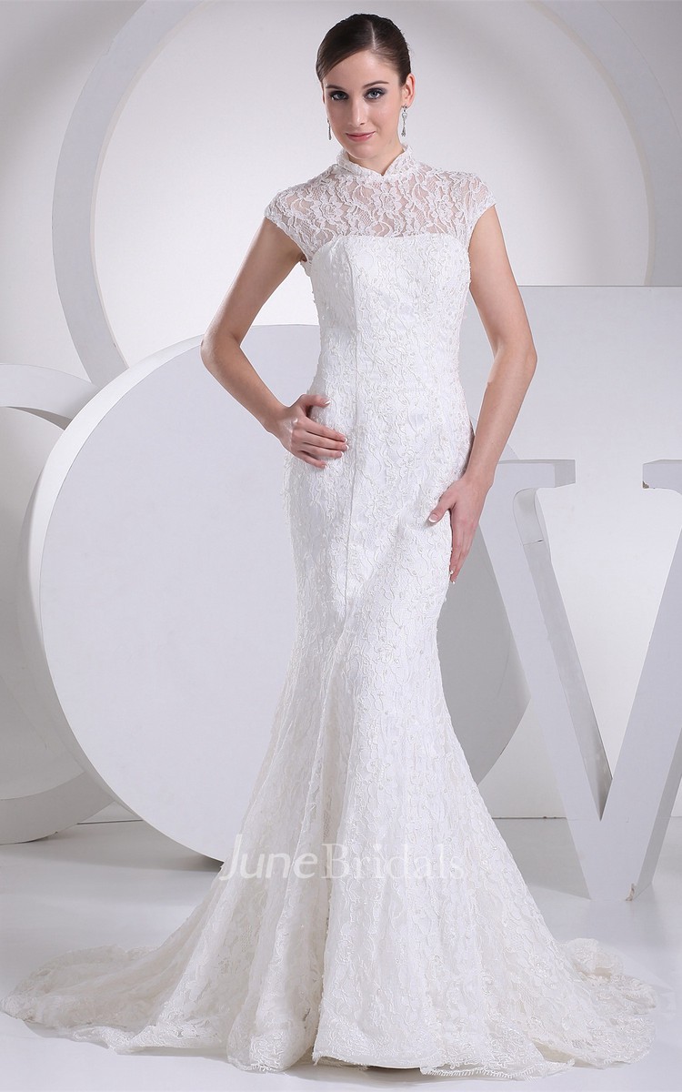 Lace Mermaid Pleated Dress with Illusion Neckline and Brush Train