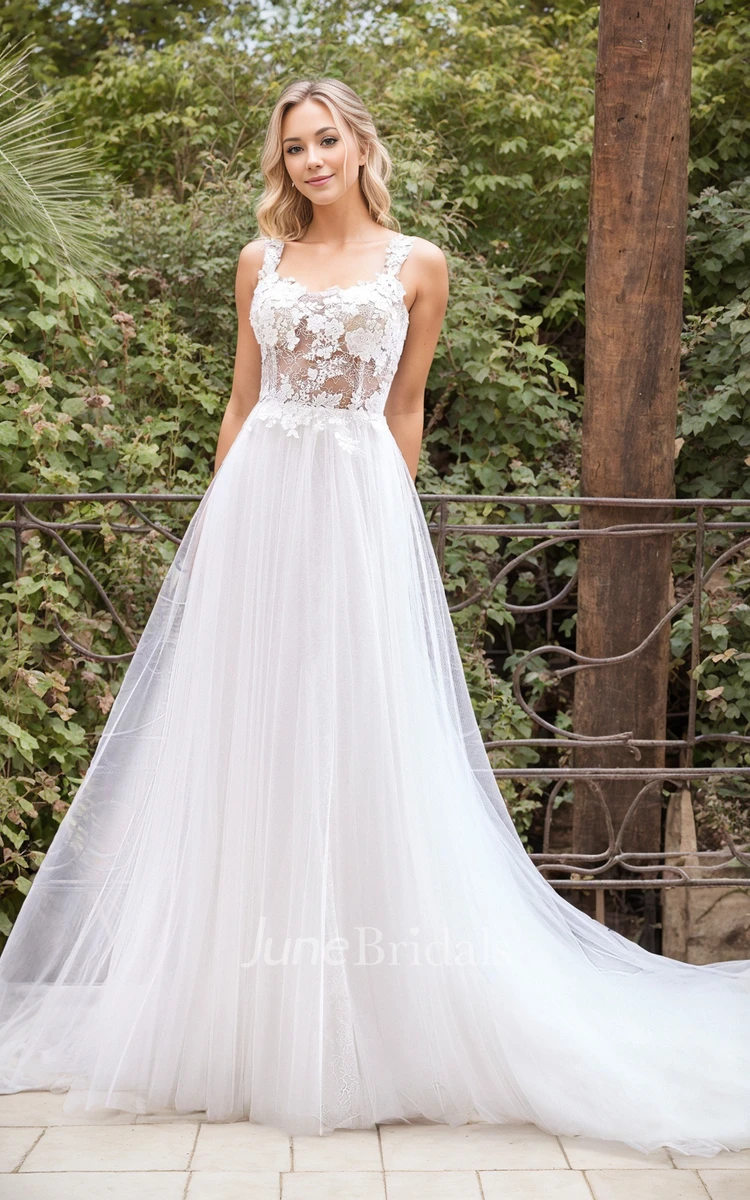 Summer Beach A-Line Boho Lace Square Neck Flower Appliqued Wedding Dress Ethereal Floral Fairy Sheer Bodice Wide Spaghetti Strap Tulle Bridal Gown