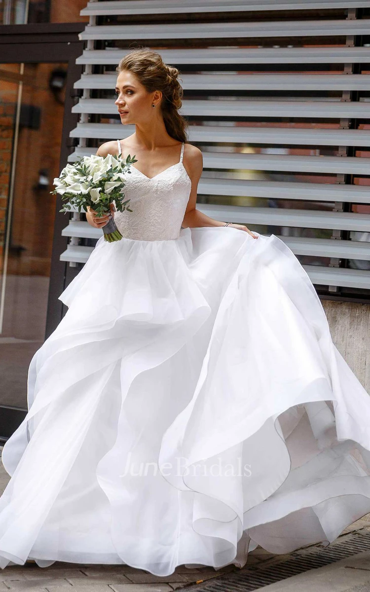 Flowy Spaghetti Layered Wedding Dress With Lace Top