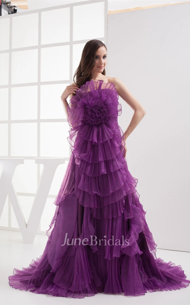 Floral Ruched A-Line Gown with Tiers and Brush Train