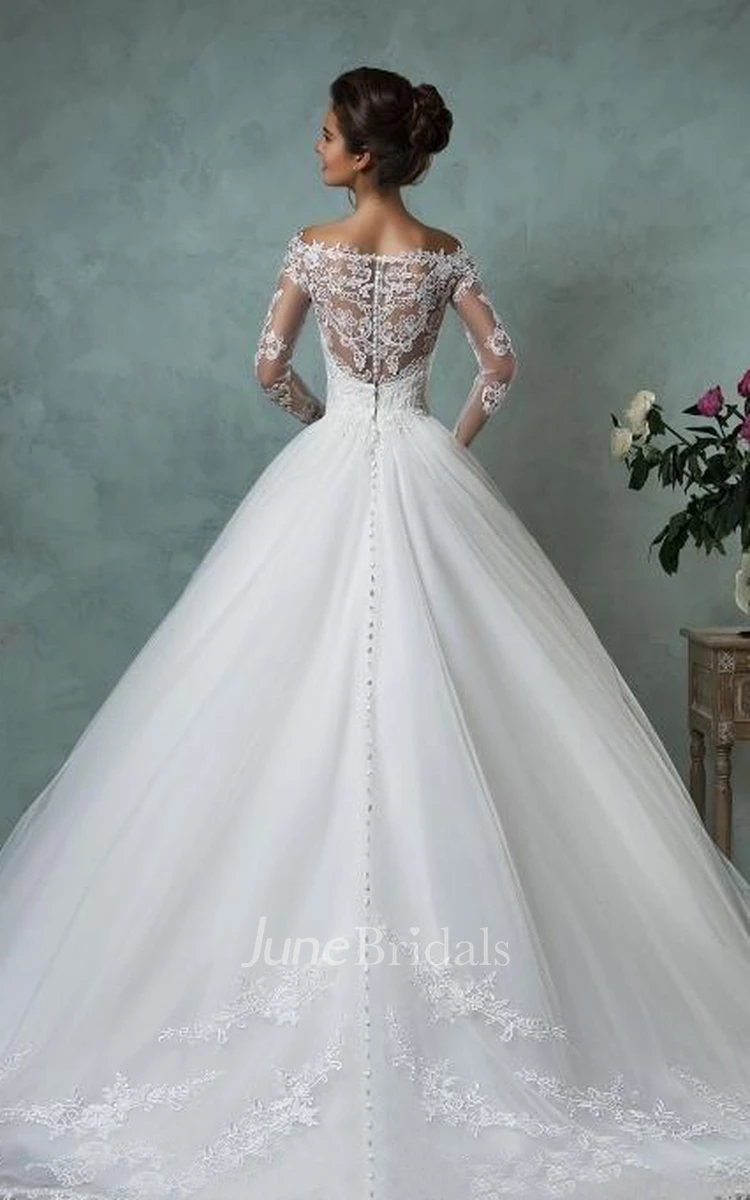 A-Line Ball Gown Empire Mini Jewel V-Neck Long Sleeve Bell Empire Dropped Appliques Court Train Backless Tulle Lace Dress