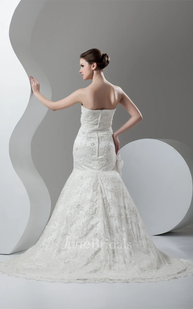 Strapless Lace Floor-Length Dress with Flower and Beading