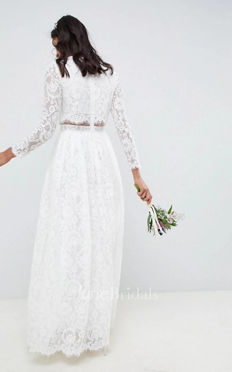 Simple Lace Two Piece Jewel-neck Long Sleeve Wedding Dress