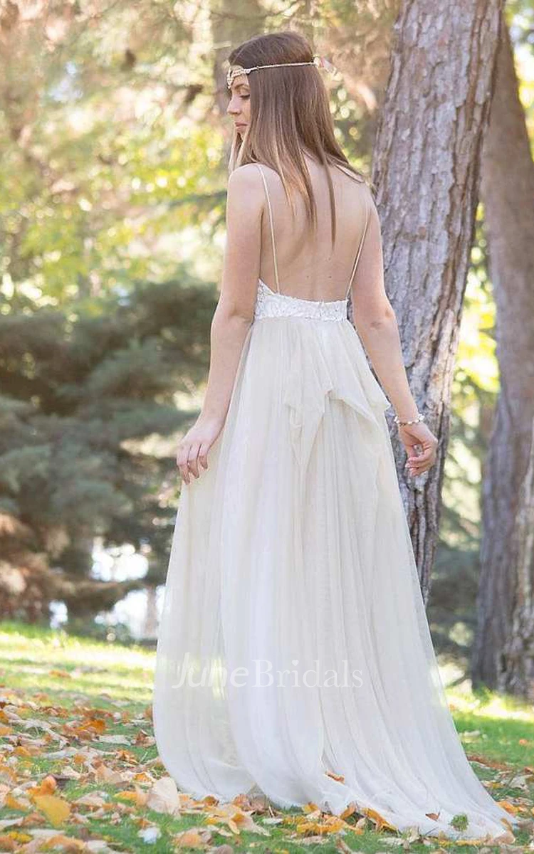 Exquisite Spaghetti Tulle Pleated Wedding Dress With Appliques