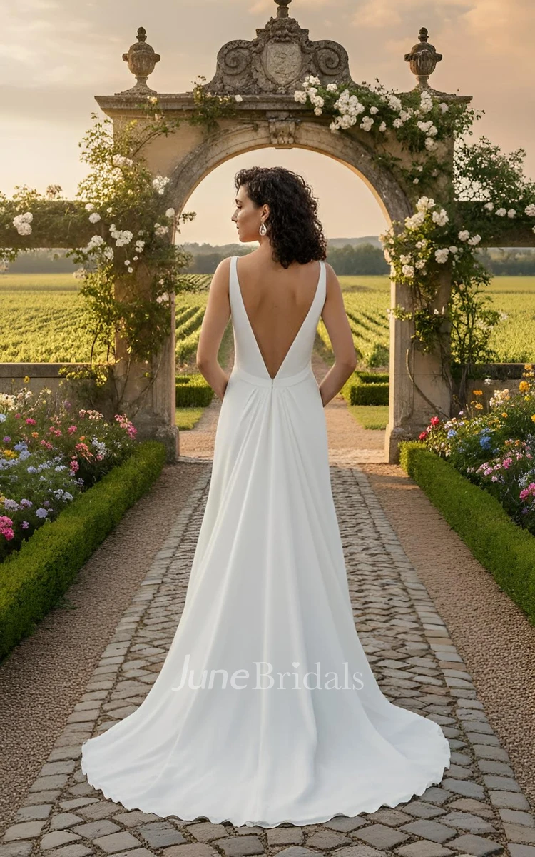 Simple Square Neck Wedding Dress A-Line Sleeveless Deep V-Back Bridal Gown with Slit