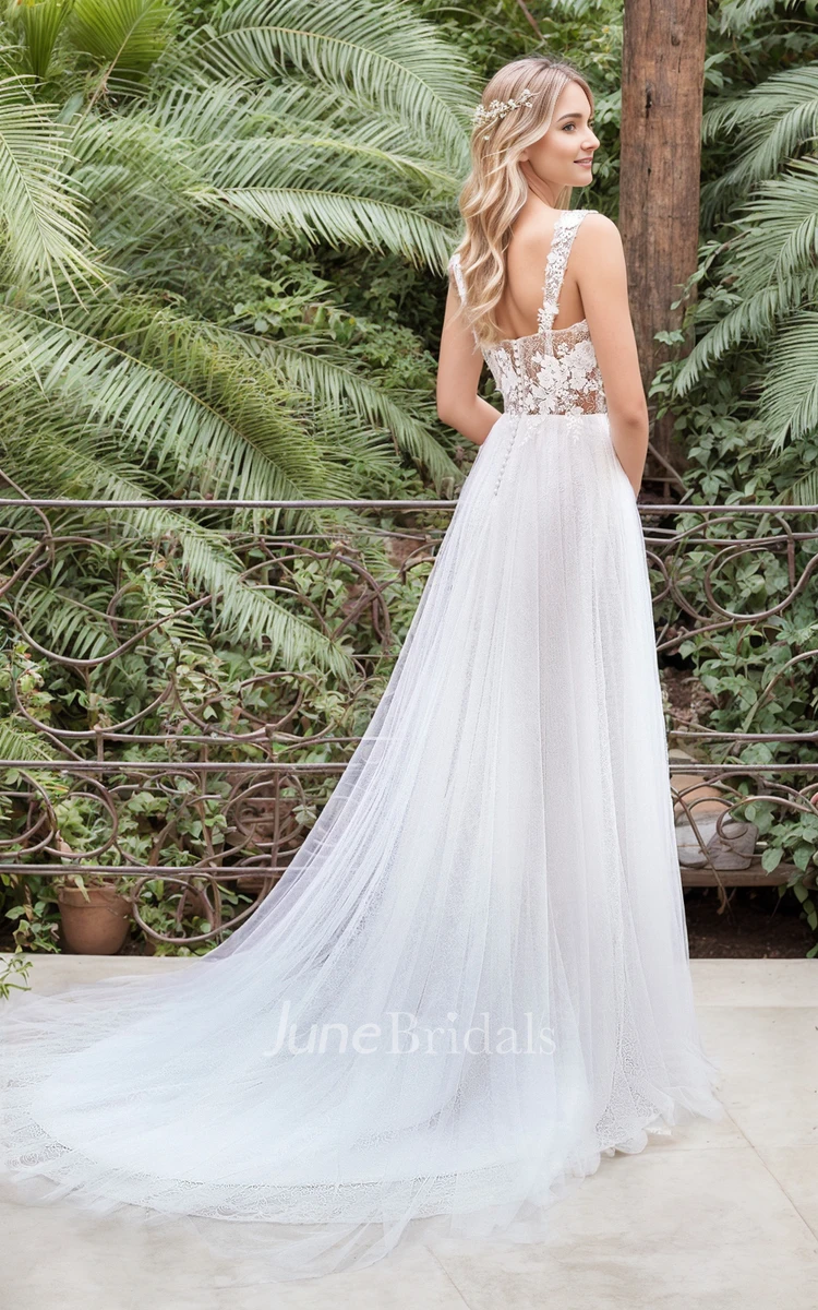 Summer Beach A-Line Boho Lace Square Neck Flower Appliqued Wedding Dress Ethereal Floral Fairy Sheer Bodice Wide Spaghetti Strap Tulle Bridal Gown