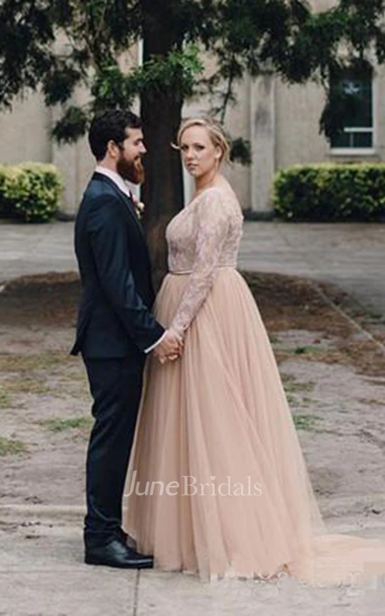 Elegant Modest Pink Plus Size Blush Long Sleeves A Line Tulle Lace Bling Sequins V Neck Bridal Gown