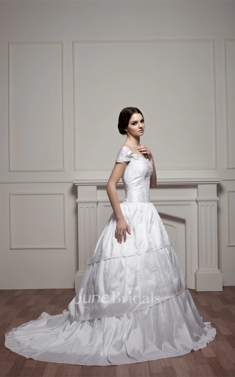 Off-The-Shoulder A-Line Gown with Ruching and Court Train