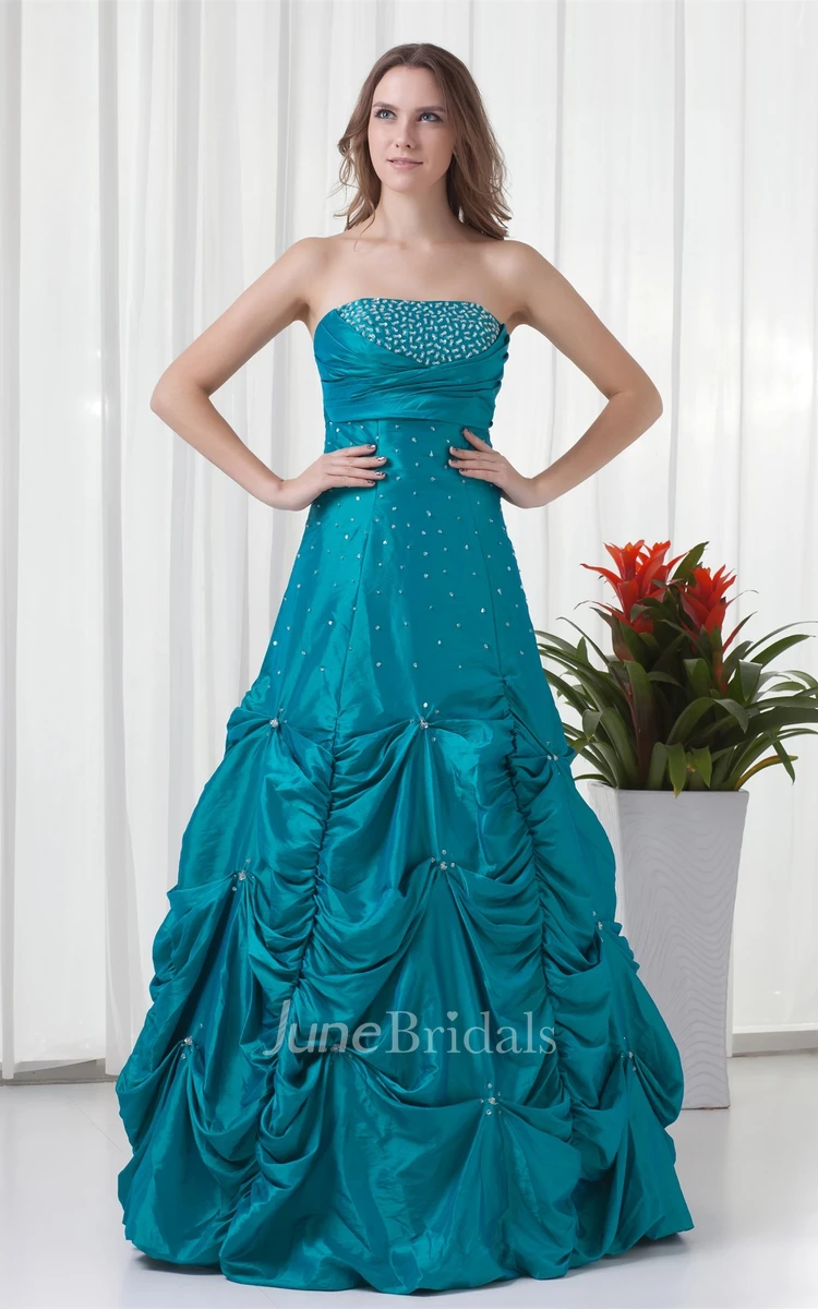 Strapless Beaded Pick-Up Gown with Buckle and Ruching