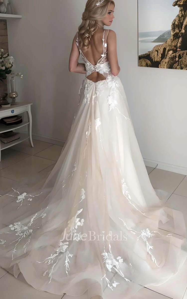 Sexy Garden High Neck Straps Wedding Dress A-line Lace Bridal Gown with Open Back and Sweep Train