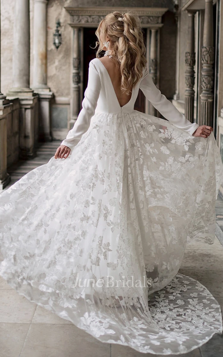 Simple A-Line V-neck Lace Beach Wedding Dress With Deep-V Back And Appliques