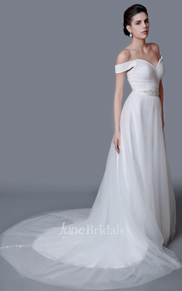 Elegant Off-the-shoulder A-line Tulle Dress With Low-V Back