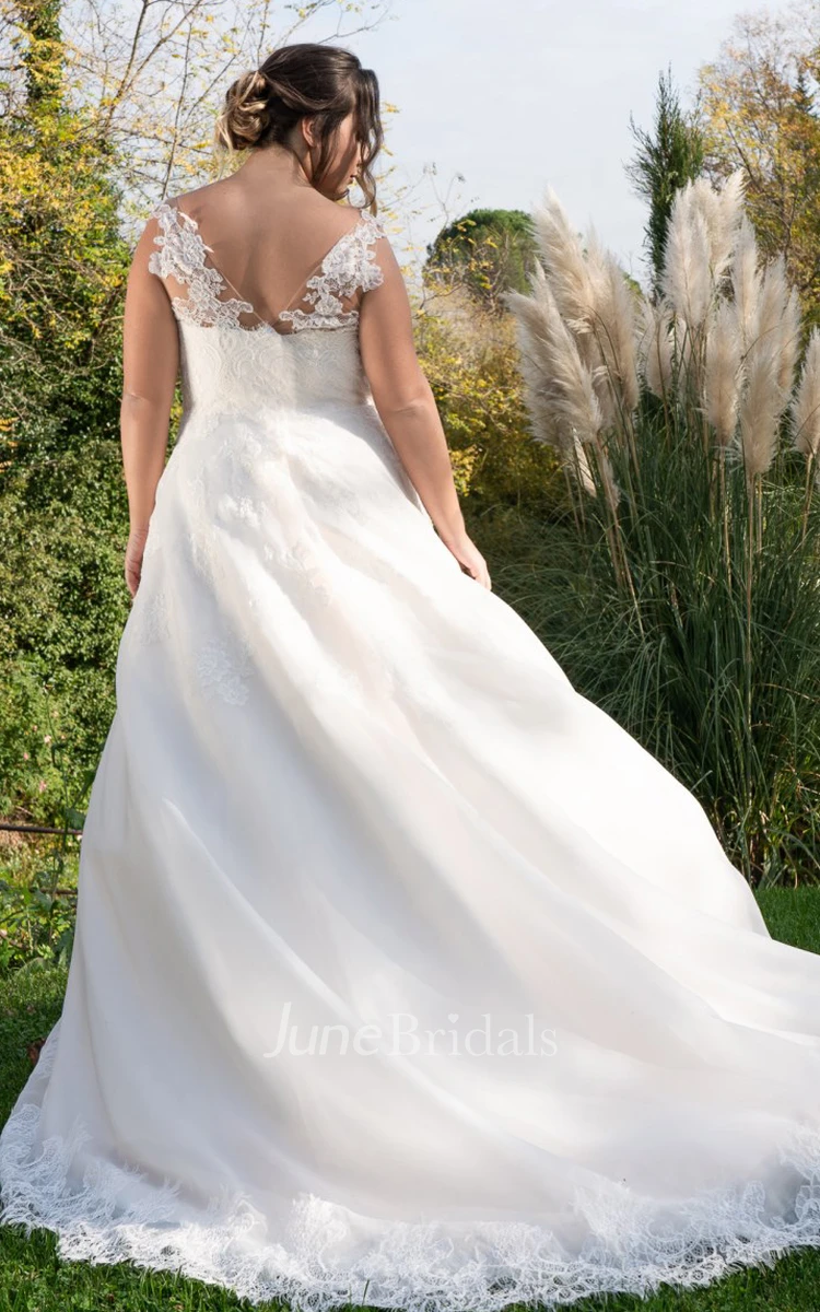 Romantic Queen Anne Sleeveless Sweep Train Floor-Length A Line Wedding Dress With Appliques