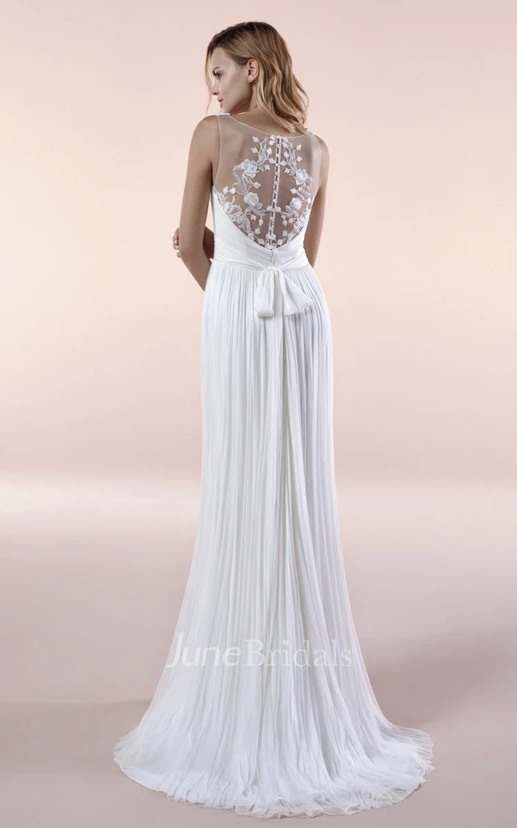  Deep V-neck Chiffon Illusion Sleeveless Gown With Sash And Pleats
