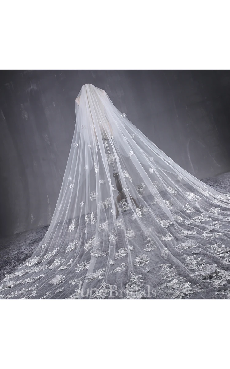 New Beautiful Long Tailed Bride Wedding Veil with Lace Flower