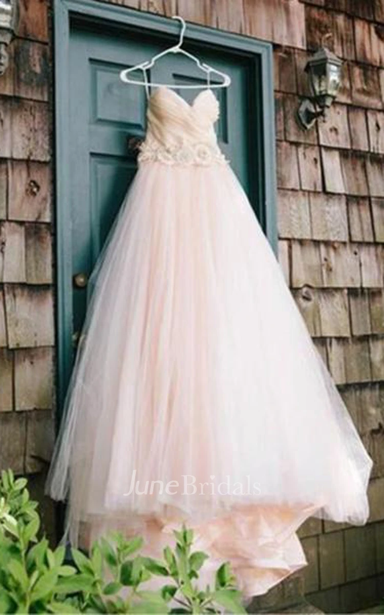 Sweetheart Strapless Flowers Beading Wedding Dress With Court Train