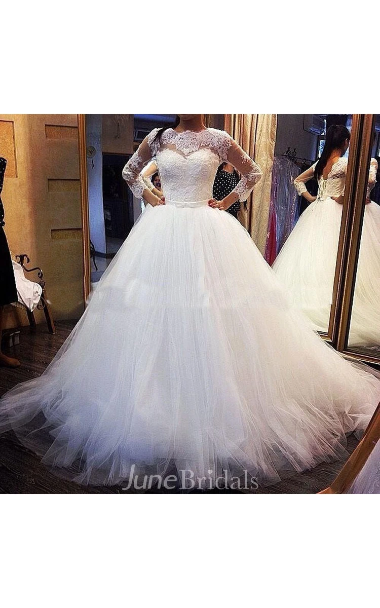 Luxury Bateau Neckline Tulle Ball Gown With Lace Long Sleeve and Lace Up
