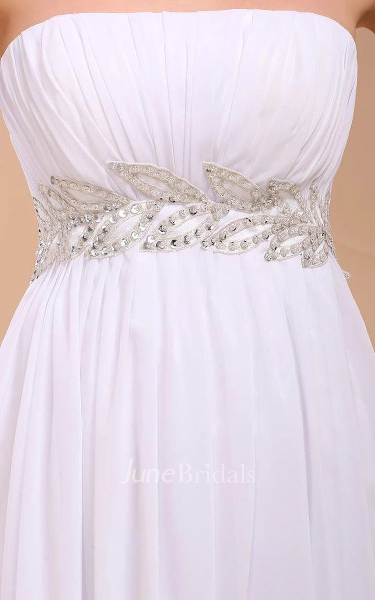 Strapless Chiffon Gown With Empire Waist and Appliques