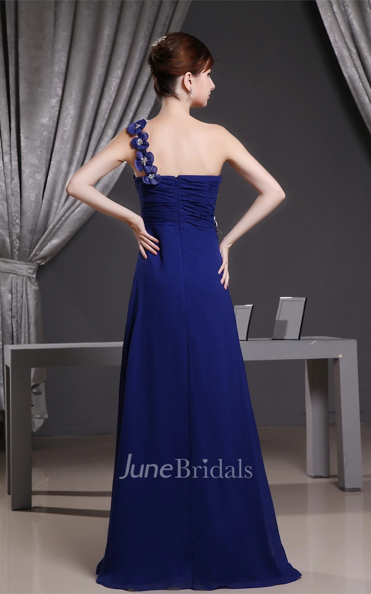 One-Shoulder Ruched Chiffon Floor-Length Dress with Flower