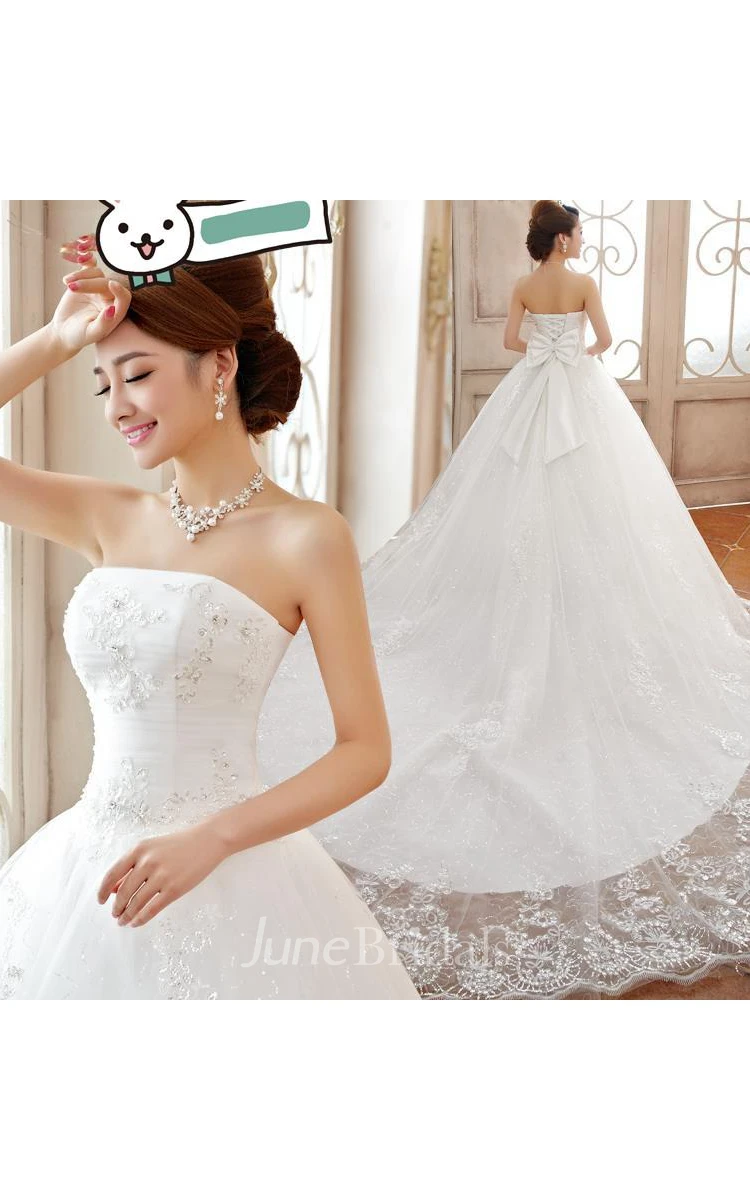 Glamorous Strapless Lace Beadings Wedding Dress Long Train Lace-Yp