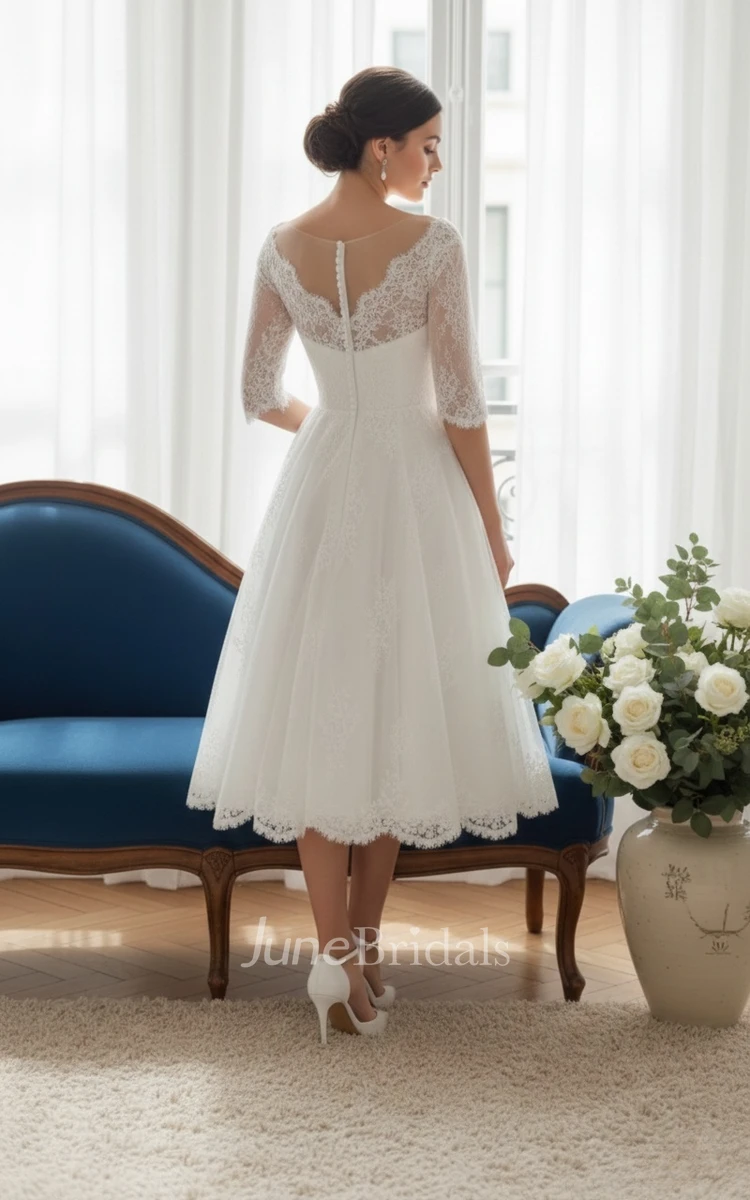 Simple Lace Tea Length Wedding Dress A-line Half Sleeve Civil Bridal Gown