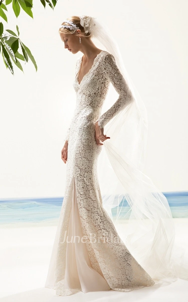 Simple V-neck Long Sleeve Brush Train Lace Mermaid/Trumpet Wedding Dress