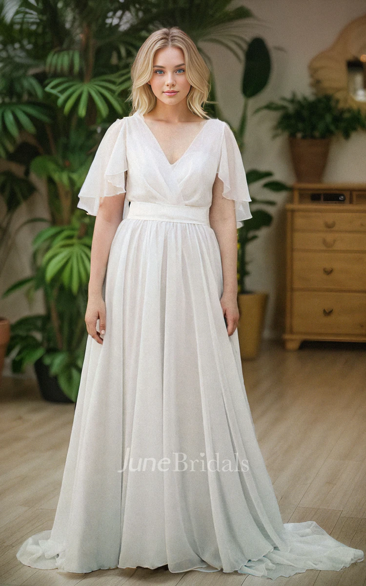 Simple Solid Chiffon Floor-length A-Line V-neck Wedding Dress Vintage Elegant Half Sleeve Backless Zipper Bridal Gown