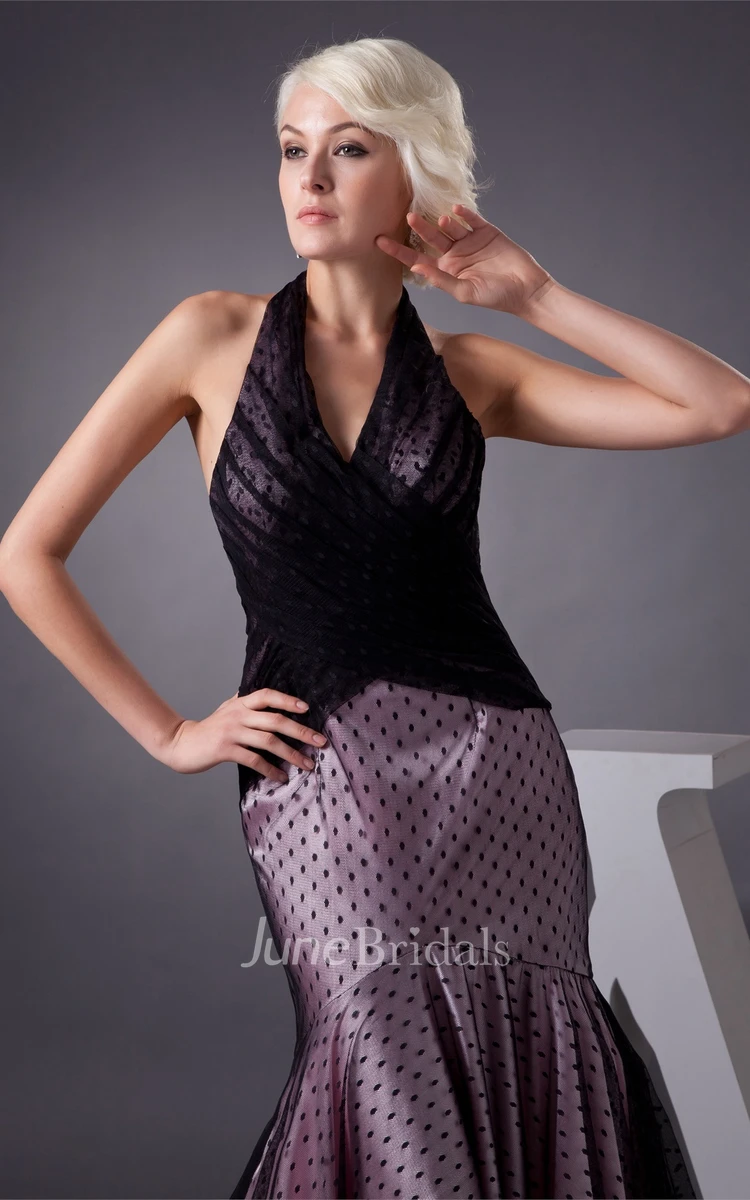 Sleeveless Mermaid Pleated Dress with Halter and Dotted Design