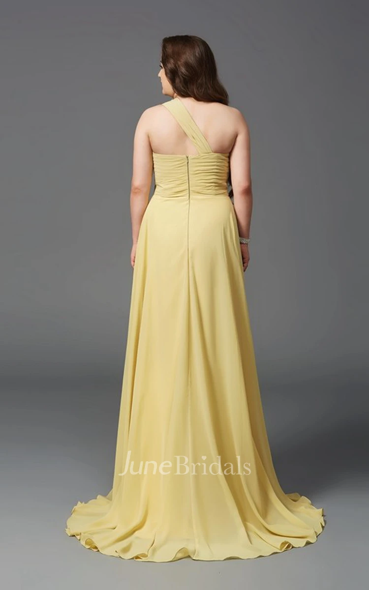 A-line Floor-length One-shoulder Sleeveless Chiffon Beading Ruching Draping Dress