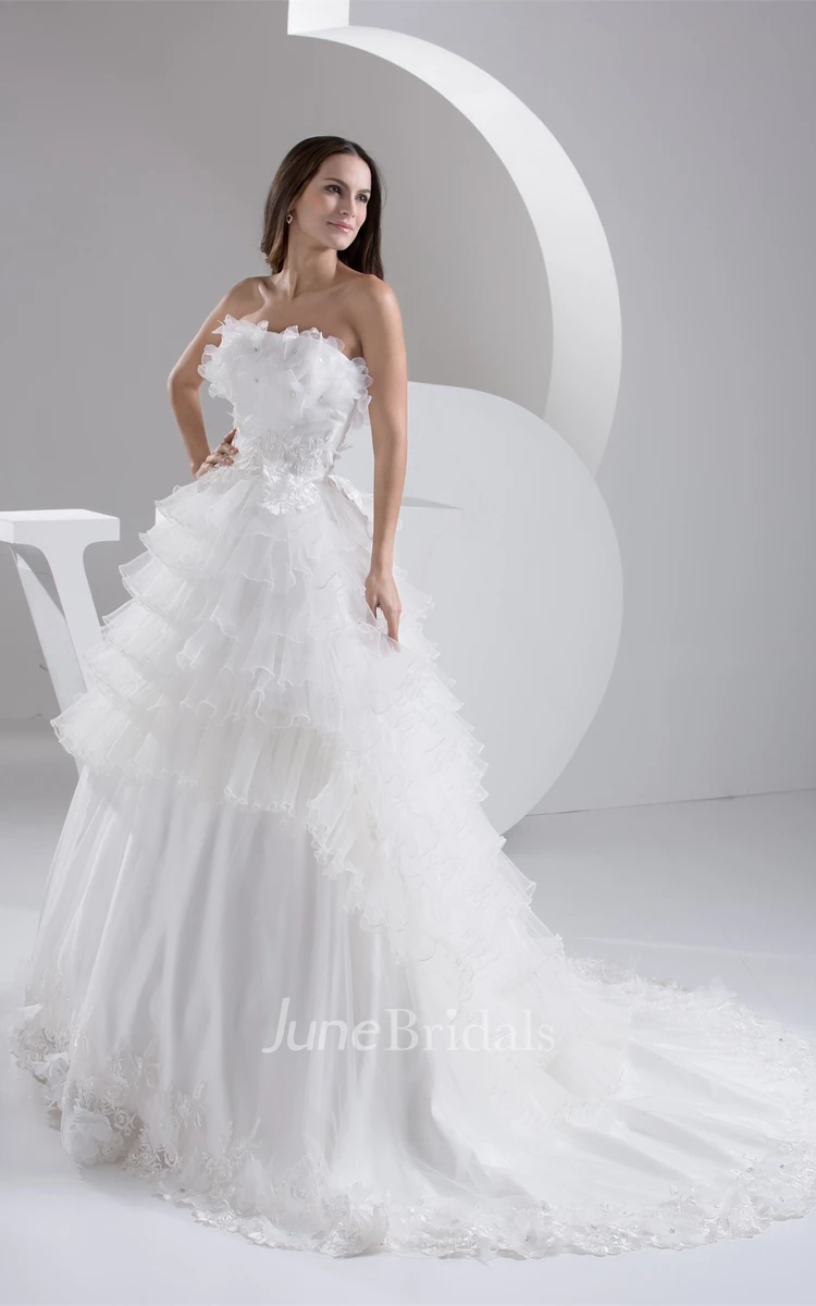 Floral Tulle A-Line Ball Gown with Tiers and Appliques