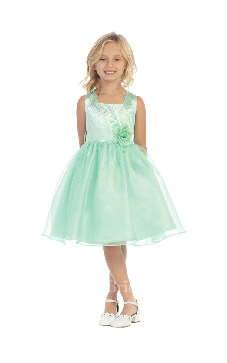 Sleeveless Square Neck Pleated Organza Ball Gown With Floral Belt and Beading