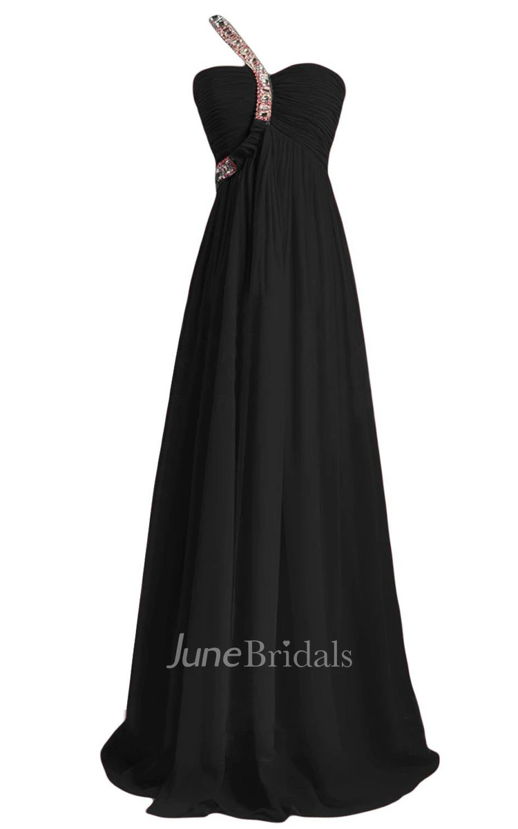 One-shoulder A-line Chiffon Gown With Crystals