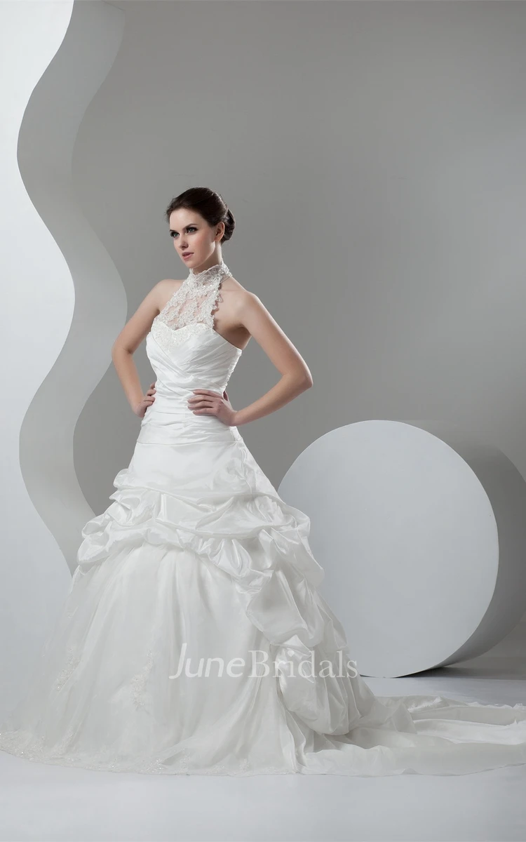 High-Neck Sleeveless Pick-Up Gown with Beading and Appliques