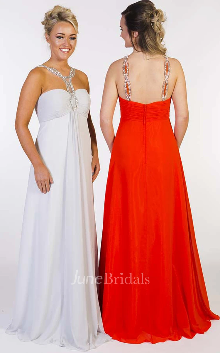 A-Line Beaded Empire Floor-Length Sleeveless Sweetheart Chiffon Prom Dress With Zipper Back And Ruching