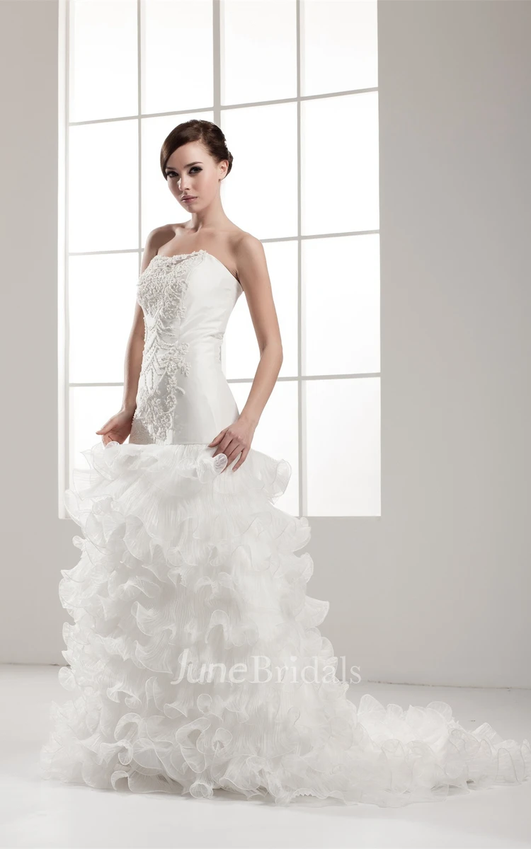 Strapless Ruffled A-Line Gown with Stress and Tiers