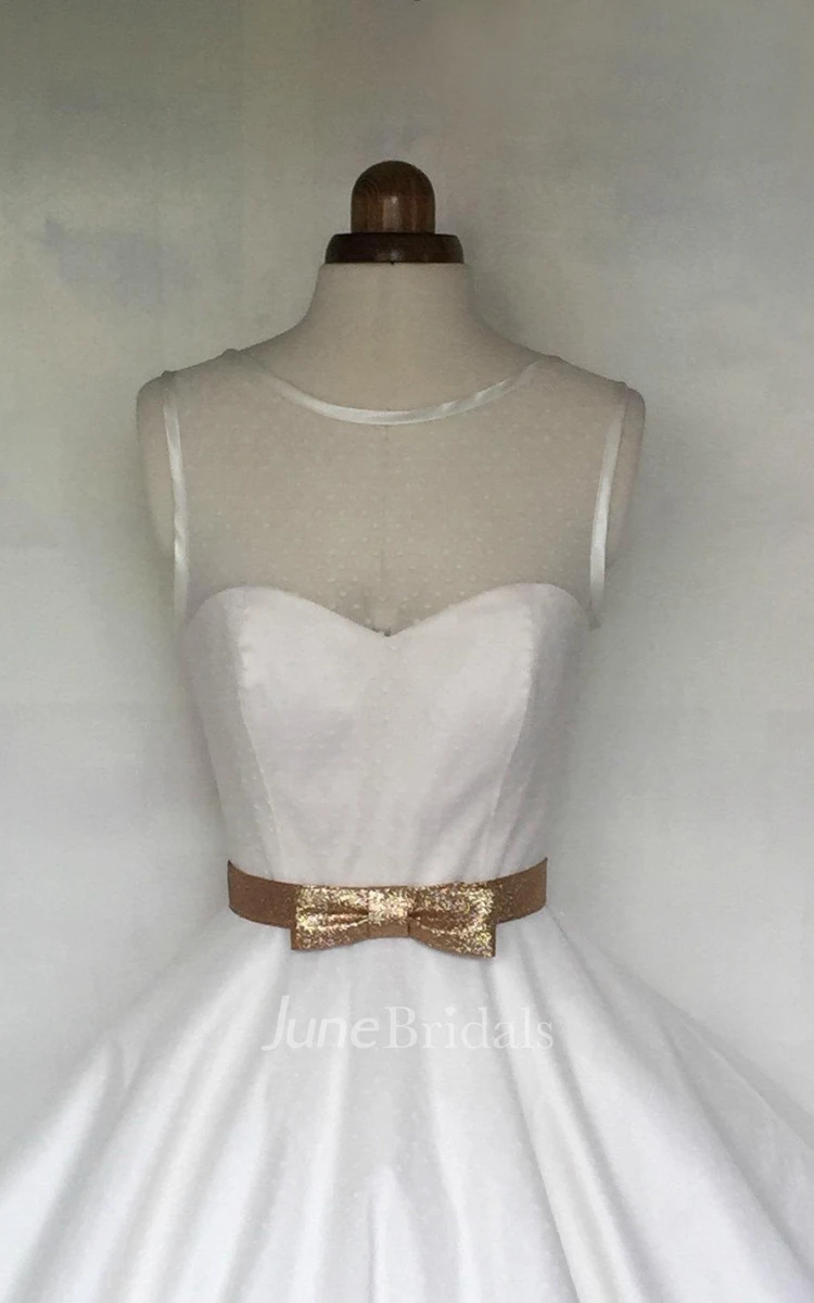 Cute Dotted Tea-Length A-Line Wedding Dress With Illusion Neckline